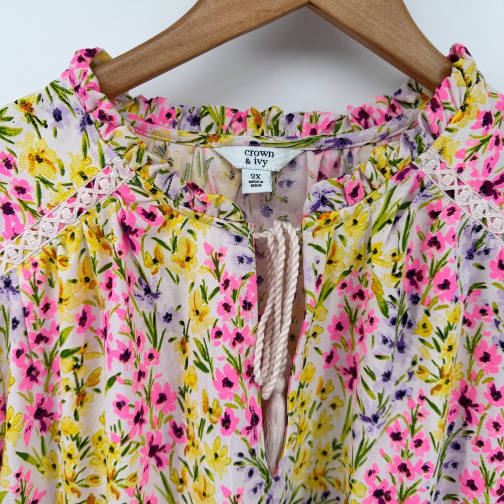 Crown & Ivy Womens 2X Pink Yellow Floral Ruffle Neck Tassel Shift Dress - Picture 2 of 7